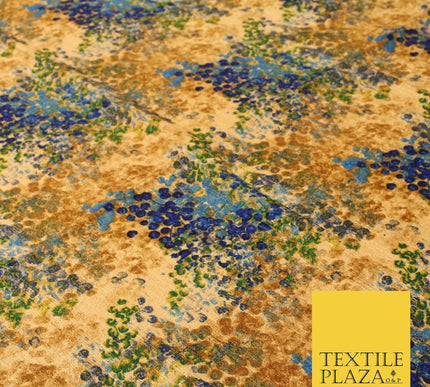 Sand Gold Blue Abstract Art Floral Digital Print Faux Raw Silk Dress Fabric 3022
