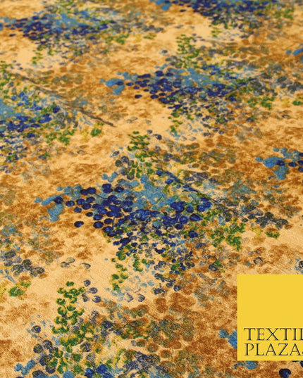 Sand Gold Blue Abstract Art Floral Digital Print Faux Raw Silk Dress Fabric 3022
