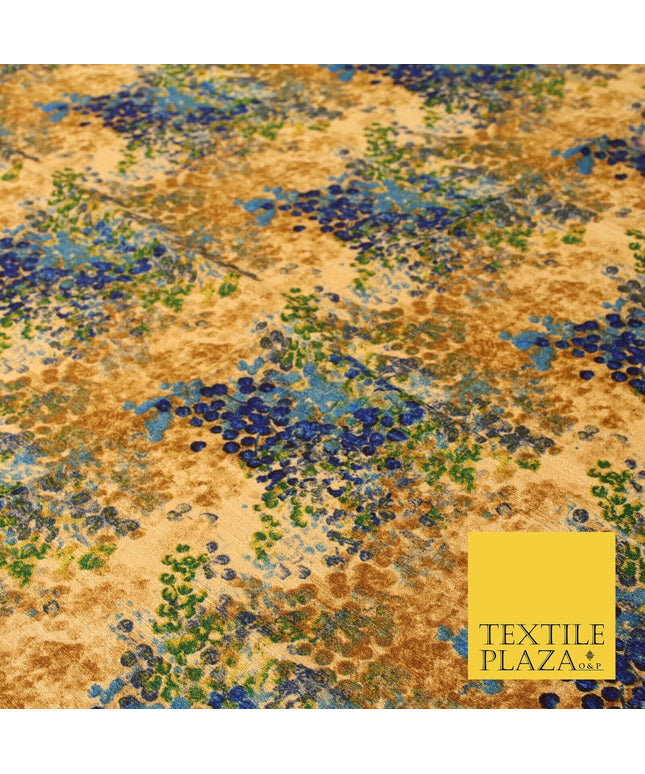 Sand Gold Blue Abstract Art Floral Digital Print Faux Raw Silk Dress Fabric 3022