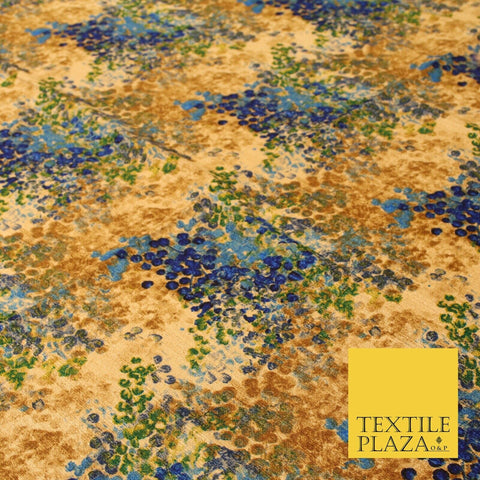 Sand Gold Blue Abstract Art Floral Digital Print Faux Raw Silk Dress Fabric 3022