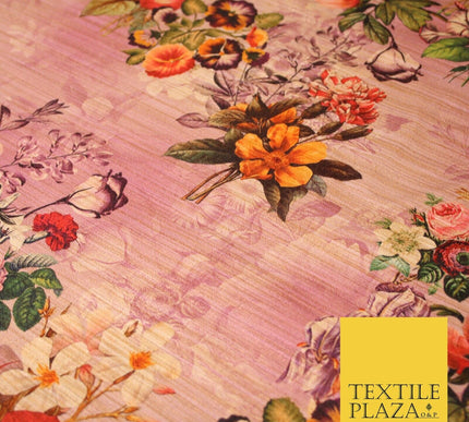 Lilac Pink Light Mauve Rose Floral Digital Print Faux Raw Silk Dress Fabric 3008