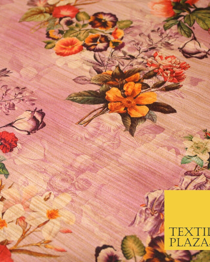 Lilac Pink Light Mauve Rose Floral Digital Print Faux Raw Silk Dress Fabric 3008