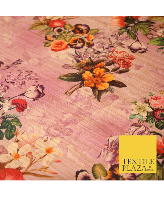 Lilac Pink Light Mauve Rose Floral Digital Print Faux Raw Silk Dress Fabric 3008