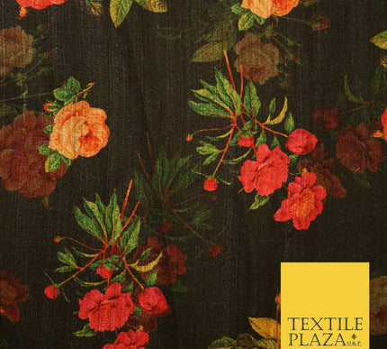 Dark Green Cerise Pink Rose Floral Digital Print Faux Raw Silk Dress Fabric 3007