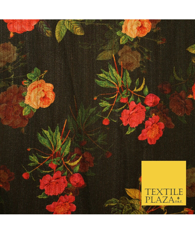 Dark Green Cerise Pink Rose Floral Digital Print Faux Raw Silk Dress Fabric 3007