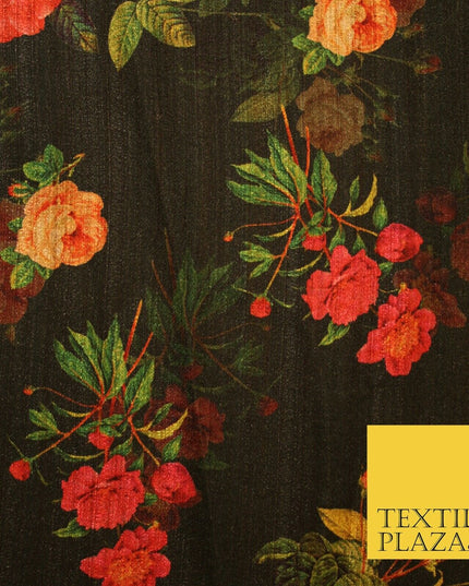 Dark Green Cerise Pink Rose Floral Digital Print Faux Raw Silk Dress Fabric 3007