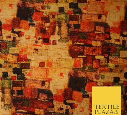 Gold Retro Block Check Abstract Digital Print Faux Raw Silk Dress Fabric 3006