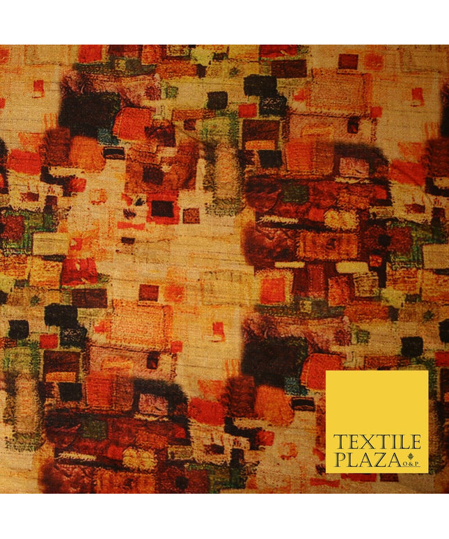 Gold Retro Block Check Abstract Digital Print Faux Raw Silk Dress Fabric 3006