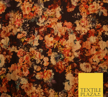 Chocolate Brown Small Floral Retro Digital Print Faux Raw Silk Dress Fabric 3005