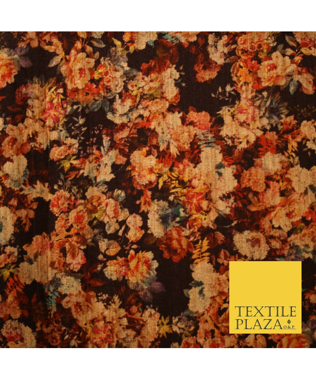 Chocolate Brown Small Floral Retro Digital Print Faux Raw Silk Dress Fabric 3005