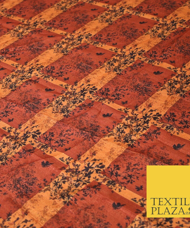 Brick Terracotta Maroon Check Arty Digital Print Faux Raw Silk Dress Fabric 3009