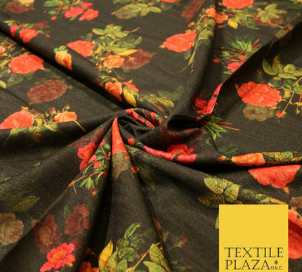 Dark Green Cerise Pink Rose Floral Digital Print Faux Raw Silk Dress Fabric 3007