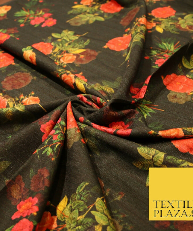 Dark Green Cerise Pink Rose Floral Digital Print Faux Raw Silk Dress Fabric 3007