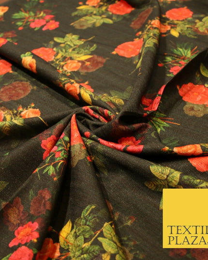 Dark Green Cerise Pink Rose Floral Digital Print Faux Raw Silk Dress Fabric 3007