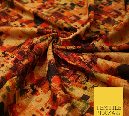 Gold Retro Block Check Abstract Digital Print Faux Raw Silk Dress Fabric 3006