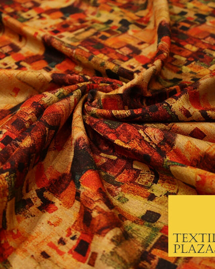 Gold Retro Block Check Abstract Digital Print Faux Raw Silk Dress Fabric 3006