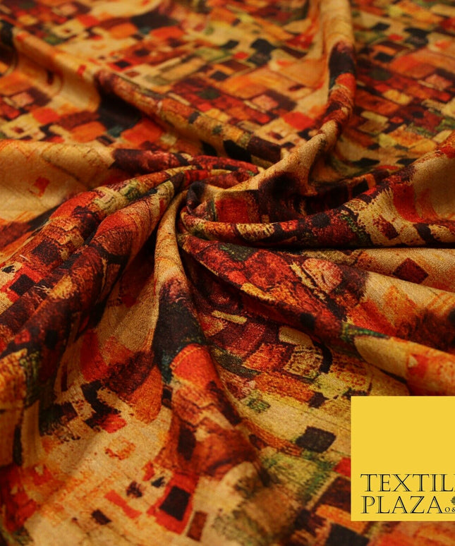 Gold Retro Block Check Abstract Digital Print Faux Raw Silk Dress Fabric 3006