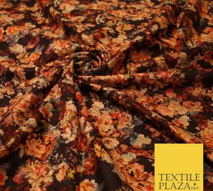 Chocolate Brown Small Floral Retro Digital Print Faux Raw Silk Dress Fabric 3005