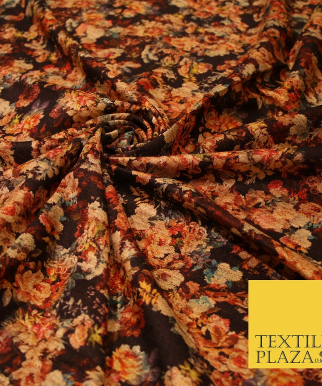 Chocolate Brown Small Floral Retro Digital Print Faux Raw Silk Dress Fabric 3005