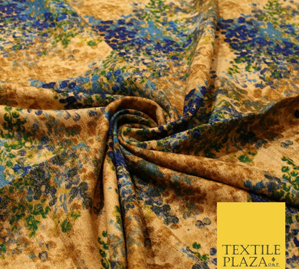 Sand Gold Blue Abstract Art Floral Digital Print Faux Raw Silk Dress Fabric 3022