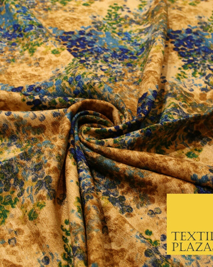 Sand Gold Blue Abstract Art Floral Digital Print Faux Raw Silk Dress Fabric 3022