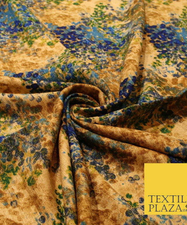 Sand Gold Blue Abstract Art Floral Digital Print Faux Raw Silk Dress Fabric 3022