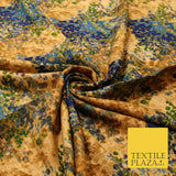 Sand Gold Blue Abstract Art Floral Digital Print Faux Raw Silk Dress Fabric 3022