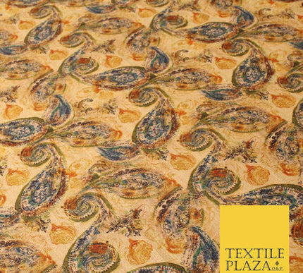 Gold Khaki Paisley Indian Digital Print Faux Raw Silk Vintage Dress Fabric 3021