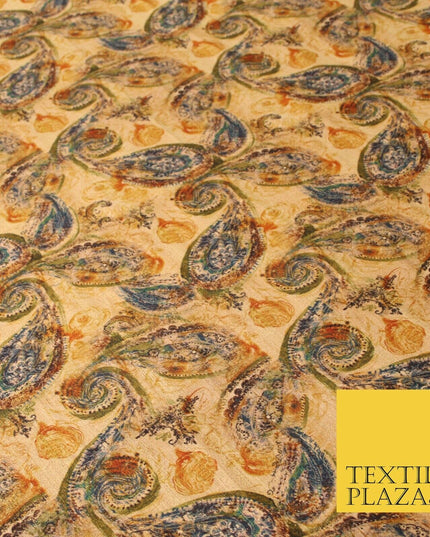 Gold Khaki Paisley Indian Digital Print Faux Raw Silk Vintage Dress Fabric 3021