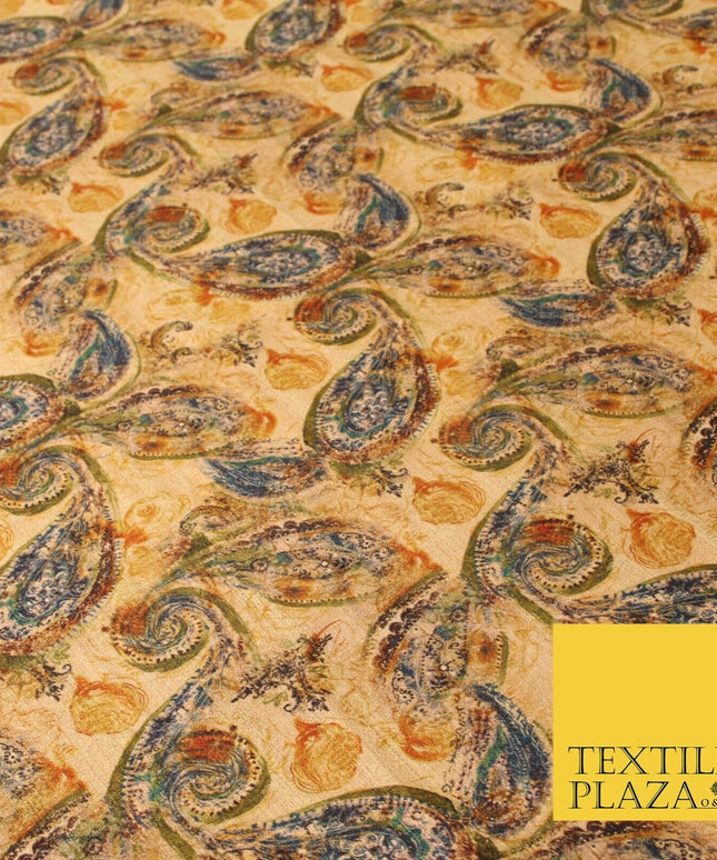 Gold Khaki Paisley Indian Digital Print Faux Raw Silk Vintage Dress Fabric 3021