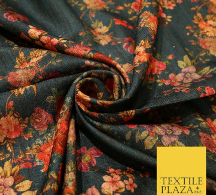 Dark Teal Floating Floral Allover Digital Print Faux Raw Silk Dress Fabric 3011