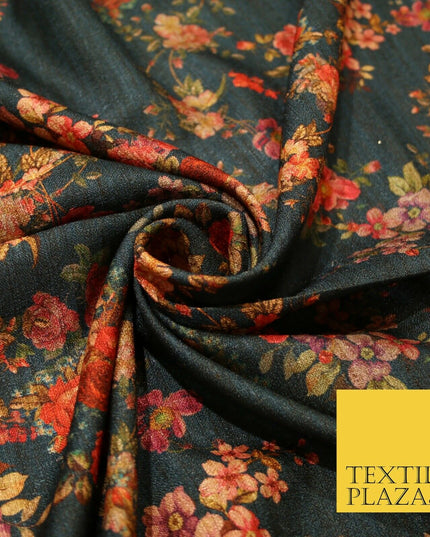 Dark Teal Floating Floral Allover Digital Print Faux Raw Silk Dress Fabric 3011