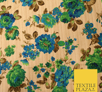 Gold Green Turquoise Blue Floral Digital Print Faux Raw Silk Dress Fabric 3019