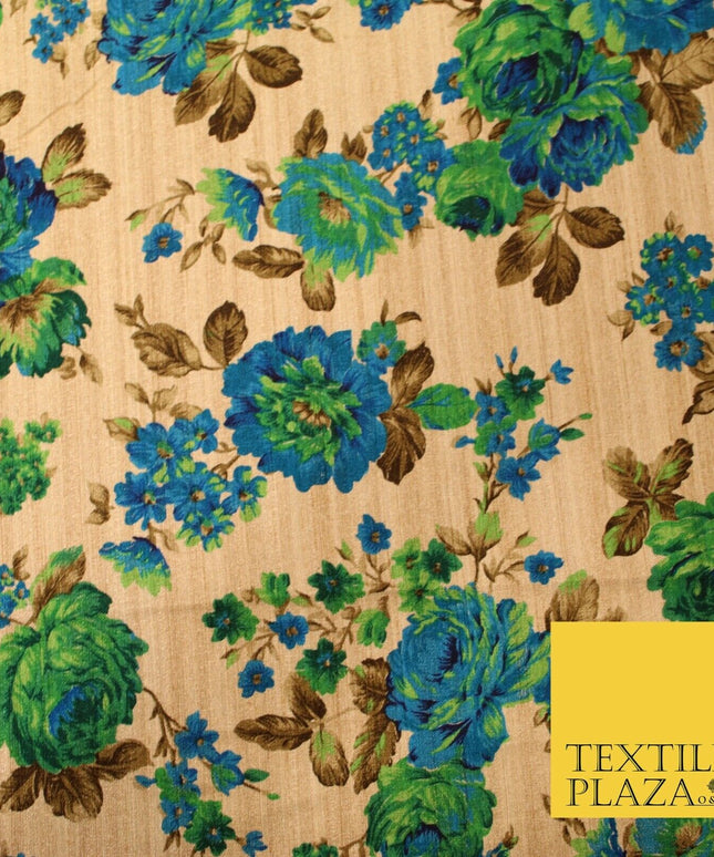 Gold Green Turquoise Blue Floral Digital Print Faux Raw Silk Dress Fabric 3019
