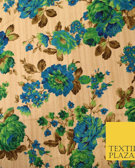 Gold Green Turquoise Blue Floral Digital Print Faux Raw Silk Dress Fabric 3019