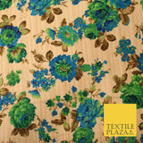 Gold Green Turquoise Blue Floral Digital Print Faux Raw Silk Dress Fabric 3019