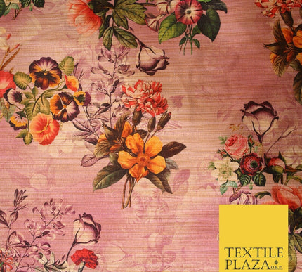 Lilac Pink Light Mauve Rose Floral Digital Print Faux Raw Silk Dress Fabric 3008
