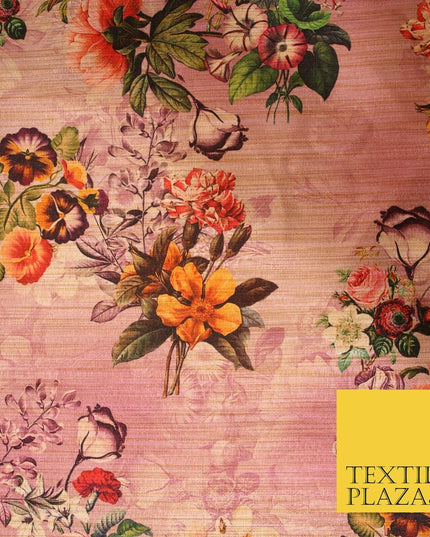 Lilac Pink Light Mauve Rose Floral Digital Print Faux Raw Silk Dress Fabric 3008