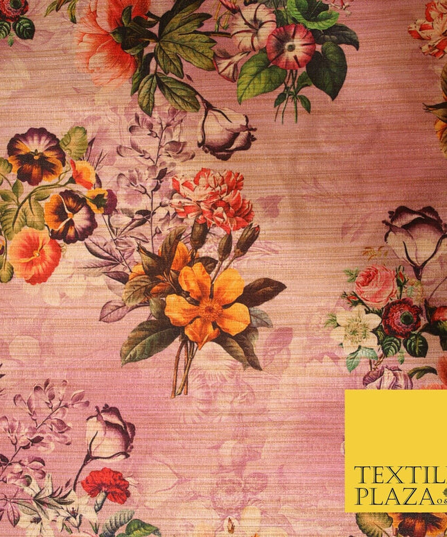 Lilac Pink Light Mauve Rose Floral Digital Print Faux Raw Silk Dress Fabric 3008