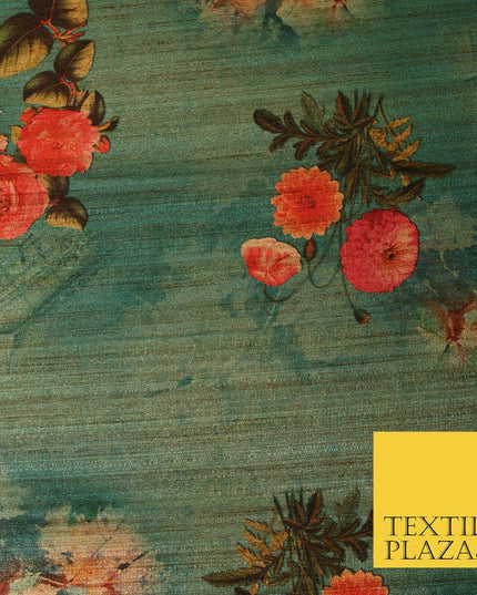 Jade Sea Green Blue Floral Bunch Cluster Digital Print Faux Raw Silk Fabric 3014