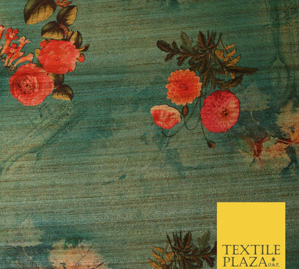 Jade Sea Green Blue Floral Bunch Cluster Digital Print Faux Raw Silk Fabric 3014