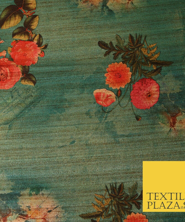 Jade Sea Green Blue Floral Bunch Cluster Digital Print Faux Raw Silk Fabric 3014