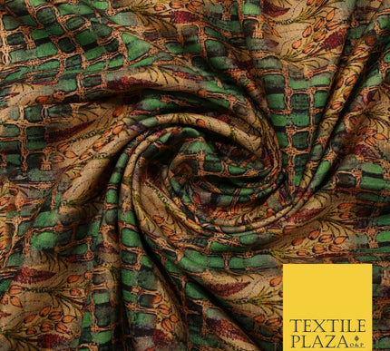 Unusual Bold Abstract Green Check Floral Digital Print Faux Raw Silk Fabric 3018