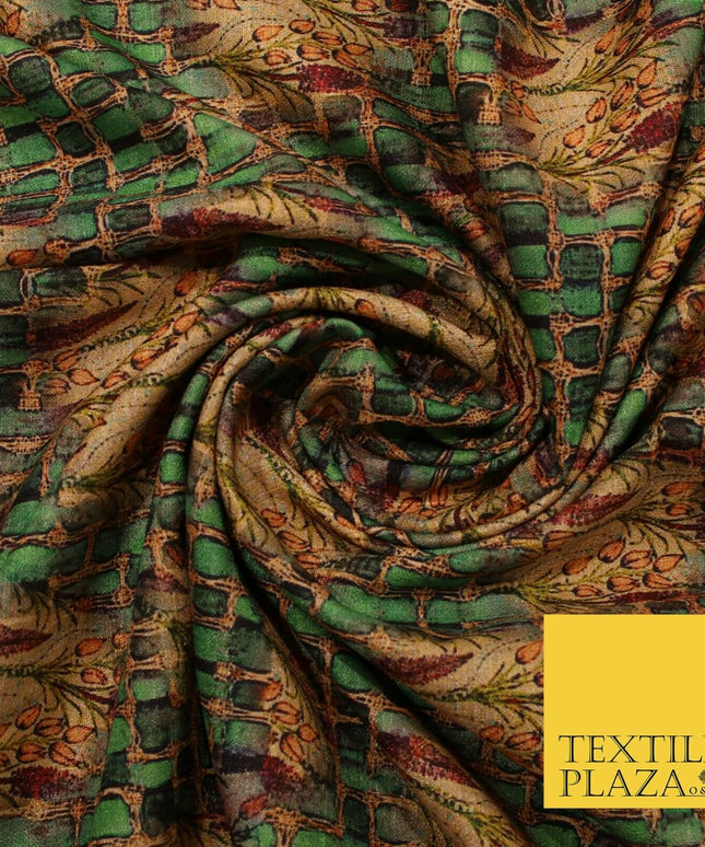 Unusual Bold Abstract Green Check Floral Digital Print Faux Raw Silk Fabric 3018