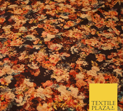 Chocolate Brown Small Floral Retro Digital Print Faux Raw Silk Dress Fabric 3005