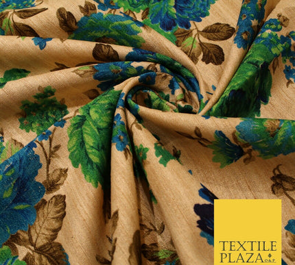 Gold Green Turquoise Blue Floral Digital Print Faux Raw Silk Dress Fabric 3019