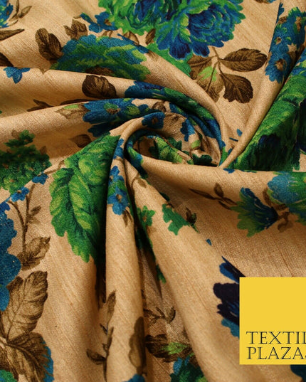 Gold Green Turquoise Blue Floral Digital Print Faux Raw Silk Dress Fabric 3019