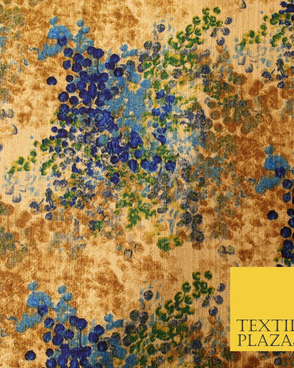 Sand Gold Blue Abstract Art Floral Digital Print Faux Raw Silk Dress Fabric 3022