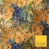 Sand Gold Blue Abstract Art Floral Digital Print Faux Raw Silk Dress Fabric 3022