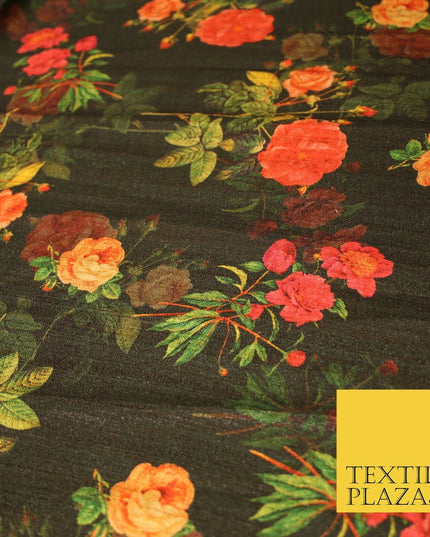 Dark Green Cerise Pink Rose Floral Digital Print Faux Raw Silk Dress Fabric 3007